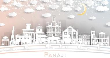 panaji India città orizzonte nel carta tagliare stile con bianca edifici, Luna e neon ghirlanda. vettore