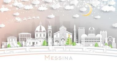 messina sicilia Italia città orizzonte nel carta tagliare stile con fiocchi di neve, Luna e neon ghirlanda.