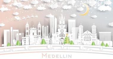 medellin Colombia città orizzonte nel carta tagliare stile con fiocchi di neve, Luna e neon ghirlanda. vettore