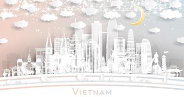 Vietnam città orizzonte nel carta tagliare stile con bianca edifici, Luna e neon ghirlanda. vettore