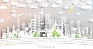Francia città orizzonte nel carta tagliare stile con fiocchi di neve, Luna e neon ghirlanda. vettore