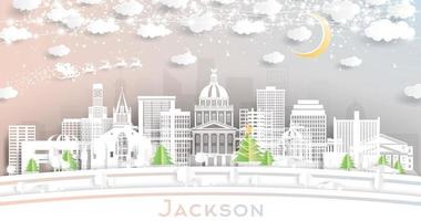 jackson Mississippi città orizzonte nel carta tagliare stile con fiocchi di neve, Luna e neon ghirlanda. vettore