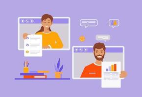 in linea consultazione concetto. video chiamata conferenza, Lavorando a partire dal casa, attività commerciale discussione, colleghi condivisione materiale vettore