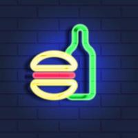 neon cartello cibo e bere, hamburger e birra. vettore illustrazione