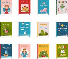 figli di libri impostare. illustrato coperture di libri. letteratura per bambini. figli di lettura. colorato libri copertine. davanti Visualizza di libri. vettore illustrazione per biblioteca, libreria, giusto, Festival.