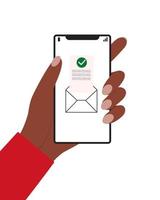 mano Tenere un' mobile Telefono con e-mail simbolo. leggere Messaggio su Telefono. invio un' Messaggio, sms vettore