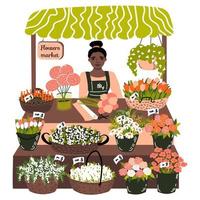 fiori mercato. stalla contatore con carino donna venditore e secchi, cesti con diverso fiori. vettore illustrazione