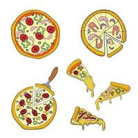 un' impostato di il giro Pizza e un' triangolare fetta. veloce cibo tema. vettore illustrazione.