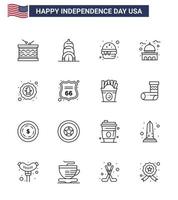 4 ° luglio Stati Uniti d'America contento indipendenza giorno icona simboli gruppo di 16 moderno Linee di americano Stati Uniti d'America hamburger punto di riferimento edificio modificabile Stati Uniti d'America giorno vettore design elementi