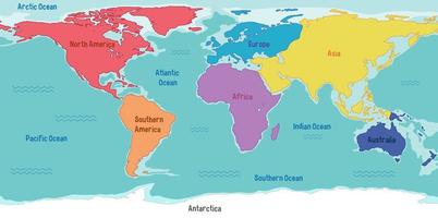 mappa del mondo con nomi di continenti e oceani vettore