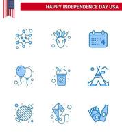 Stati Uniti d'America contento indipendenza pictogram impostato di 9 semplice blues di bevanda bottiglia giorno festa celebrare modificabile Stati Uniti d'America giorno vettore design elementi
