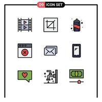 mobile interfaccia riga piena piatto colore impostato di 9 pittogrammi di Messaggio attività commerciale attrezzo Mac App modificabile vettore design elementi
