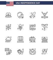 16 Stati Uniti d'America linea imballare di indipendenza giorno segni e simboli di stella uomini pipistrello americano ghiaccio sport modificabile Stati Uniti d'America giorno vettore design elementi