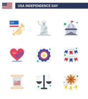 9 Stati Uniti d'America piatto segni indipendenza giorno celebrazione simboli di bandiera amore Stati Uniti d'America cuore Stati Uniti d'America modificabile Stati Uniti d'America giorno vettore design elementi