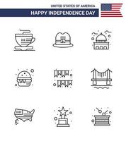 contento indipendenza giorno imballare di 9 Linee segni e simboli per zigoli americano giorno punto di riferimento pasto veloce modificabile Stati Uniti d'America giorno vettore design elementi