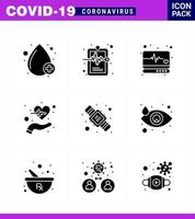 covid19 icona impostato per Infografica 9 solido glifo nero imballare come come mani igiene vita emergenza Salute battere virale coronavirus 2019 nov malattia vettore design elementi
