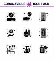 9 solido glifo nero impostato di corona virus epidemico icone come come laboratorio lavaggio sicuro mani pillola virale coronavirus 2019 nov malattia vettore design elementi