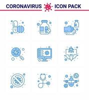 coronavirus consapevolezza icona 9 blu icone icona incluso computer scansione mano germi batteri virale coronavirus 2019 nov malattia vettore design elementi