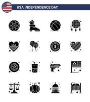 Stati Uniti d'America contento indipendenza pictogram impostato di 16 semplice solido glifi di amore americano palla occidentale decorazione modificabile Stati Uniti d'America giorno vettore design elementi