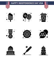 Stati Uniti d'America contento indipendenza pictogram impostato di 9 semplice solido glifi di distintivo americano bottiglia militare distintivo modificabile Stati Uniti d'America giorno vettore design elementi