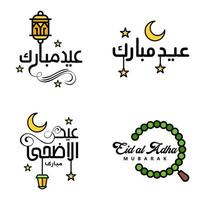 eid mubarak calligrafia imballare di 4 saluto messaggi sospeso stelle e Luna su isolato bianca sfondo religioso musulmano vacanza vettore