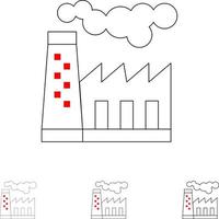fabbrica inquinamento produzione Fumo grassetto e magro nero linea icona impostato vettore