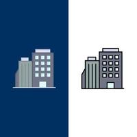 Hotel bollente casa città icone piatto e linea pieno icona impostato vettore blu sfondo