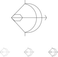 scopo tiro con l'arco freccia arco sparare grassetto e magro nero linea icona impostato vettore