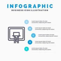 piano di sostegno cestino pallacanestro tavola linea icona con 5 passaggi presentazione infografica sfondo vettore