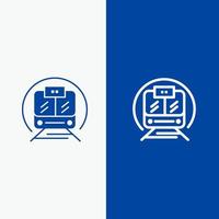 velocità treno trasporto treno pubblico linea e glifo solido icona blu bandiera vettore
