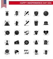 imballare di 25 Stati Uniti d'America indipendenza giorno celebrazione solido glifo segni e 4 ° luglio simboli come come americano ringraziamento pipistrello bandiera scudo modificabile Stati Uniti d'America giorno vettore design elementi