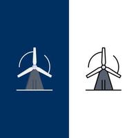 turbina vento energia energia icone piatto e linea pieno icona impostato vettore blu sfondo