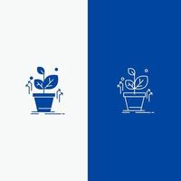 pianta crescere cresciuto successo linea e glifo solido icona blu bandiera linea e glifo solido icona blu bandiera vettore