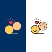 coppia avatar smiley facce emoji San Valentino icone piatto e linea pieno icona impostato vettore blu sfondo
