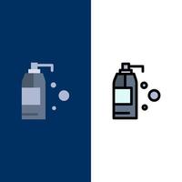 pulizia detergente Prodotto icone piatto e linea pieno icona impostato vettore blu sfondo