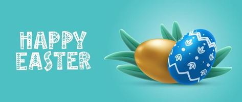 contento Pasqua tipografia con 3d uova nel erba su isolato sfondo. orizzontale modello per saluto carta, striscione. vettore illustrazione di voluminoso colorato decorato uova e Congratulazioni.