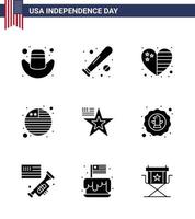 Stati Uniti d'America indipendenza giorno solido glifo impostato di 9 Stati Uniti d'America pittogrammi di bandiera stella cuore internazionale bandiera nazione modificabile Stati Uniti d'America giorno vettore design elementi