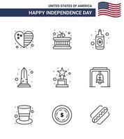 Stati Uniti d'America contento indipendenza pictogram impostato di 9 semplice Linee di trofeo realizzazione bottiglia Washington vista modificabile Stati Uniti d'America giorno vettore design elementi