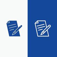 file formazione scolastica penna matita linea e glifo solido icona blu bandiera linea e glifo solido icona blu bandiera vettore