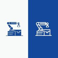 automatizzato robotica braccio tecnologia linea e glifo solido icona blu bandiera linea e glifo solido icona blu bandiera vettore