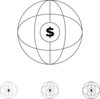 mondo globo Internet dollaro grassetto e magro nero linea icona impostato vettore