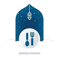 ramadan kareem design islamico luna crescente e silhouette a cupola della moschea con motivo arabo e calligrafia vettore