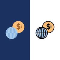 attività commerciale globale mercati moderno icone piatto e linea pieno icona impostato vettore blu sfondo