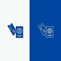 passaporto attività commerciale Biglietti viaggio vacanza linea e glifo solido icona blu bandiera linea e glifo solido icona blu bandiera vettore