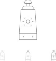 spiaggia crema solare protezione solare grassetto e magro nero linea icona impostato vettore