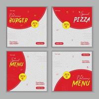 gustoso cibo sociale media inviare bandiera design. adatto per sociale media inviare striscione. Pizza, hamburger, pollo e delizioso cibo attività commerciale in linea promozione. vettore