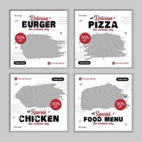hamburger, Pizza, cibo menù sociale media inviare bandiera design. adatto per sociale media inviare striscione. Pizza, hamburger, pollo e delizioso cibo attività commerciale in linea promozione. vettore