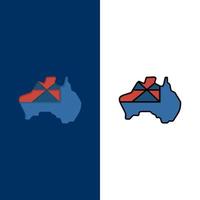 Australia carta geografica nazione bandiera icone piatto e linea pieno icona impostato vettore blu sfondo