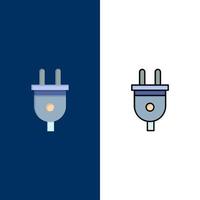 elettrico spina energia energia spina icone piatto e linea pieno icona impostato vettore blu sfondo