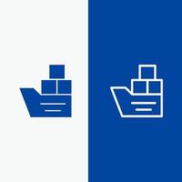 scatola bene logistica mezzi di trasporto nave linea e glifo solido icona blu bandiera linea e glifo solido icona blu bandiera vettore